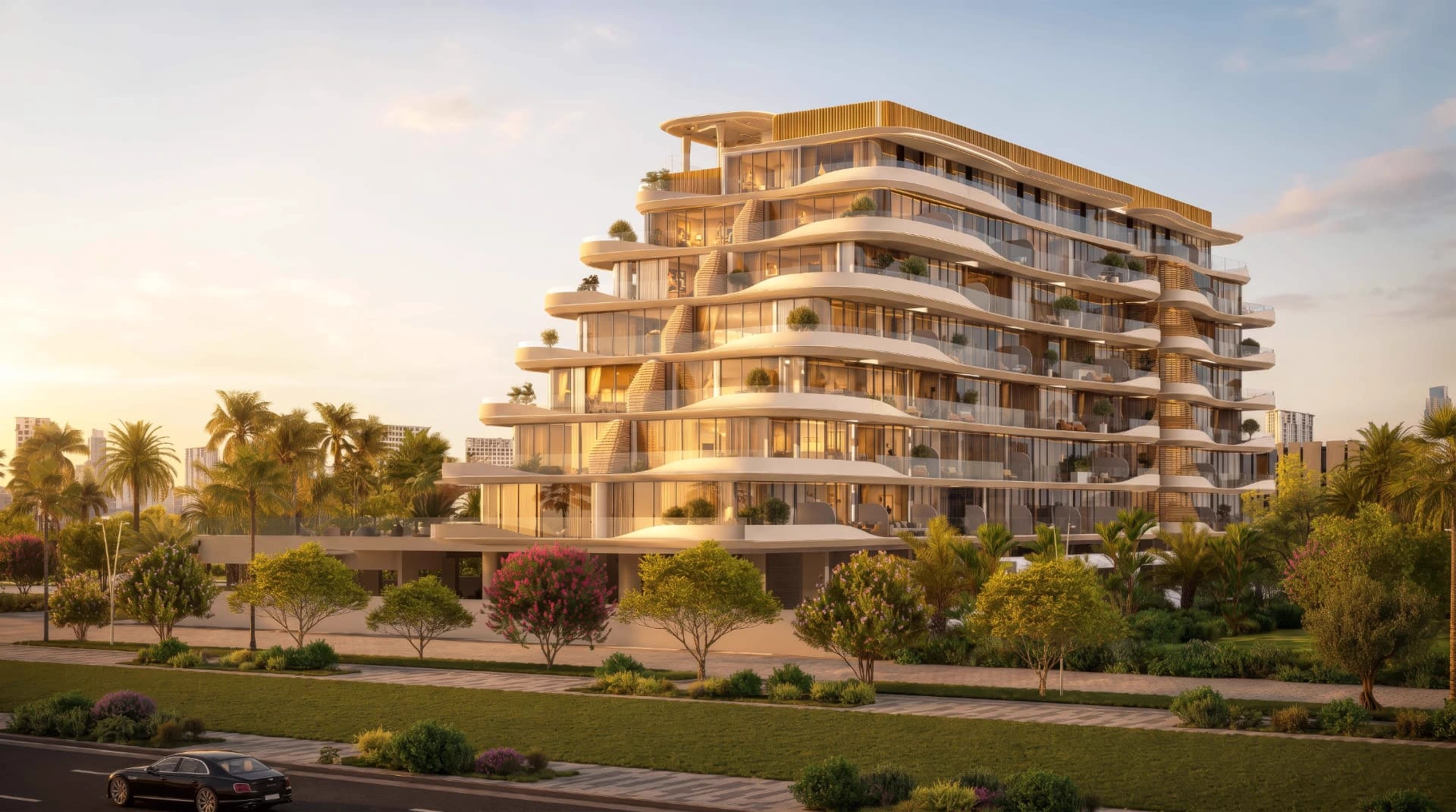 Rabdan Avenue at golden hour with landscaped gardens