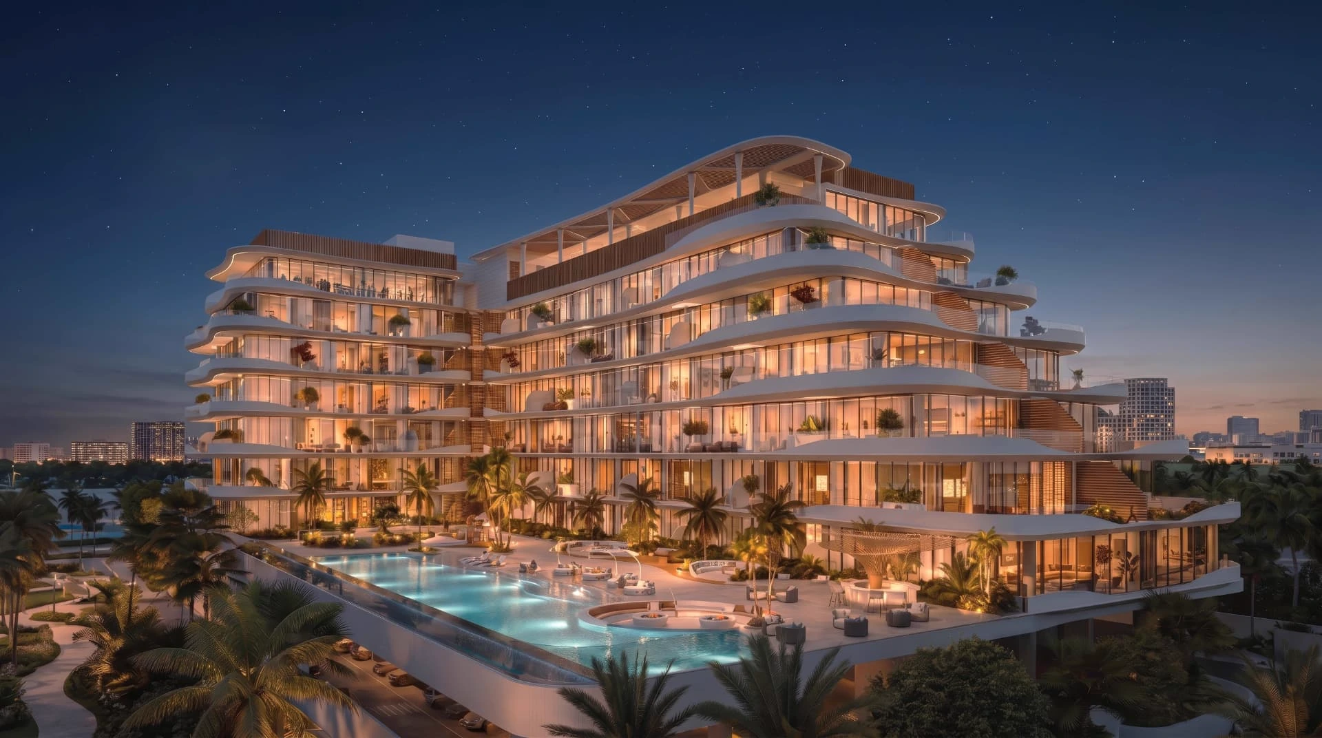 Rabdan Avenue illuminated at night with resort pool