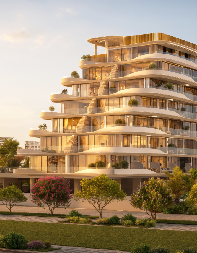 Rabdan Avenue residences seen from the landscaped gardens