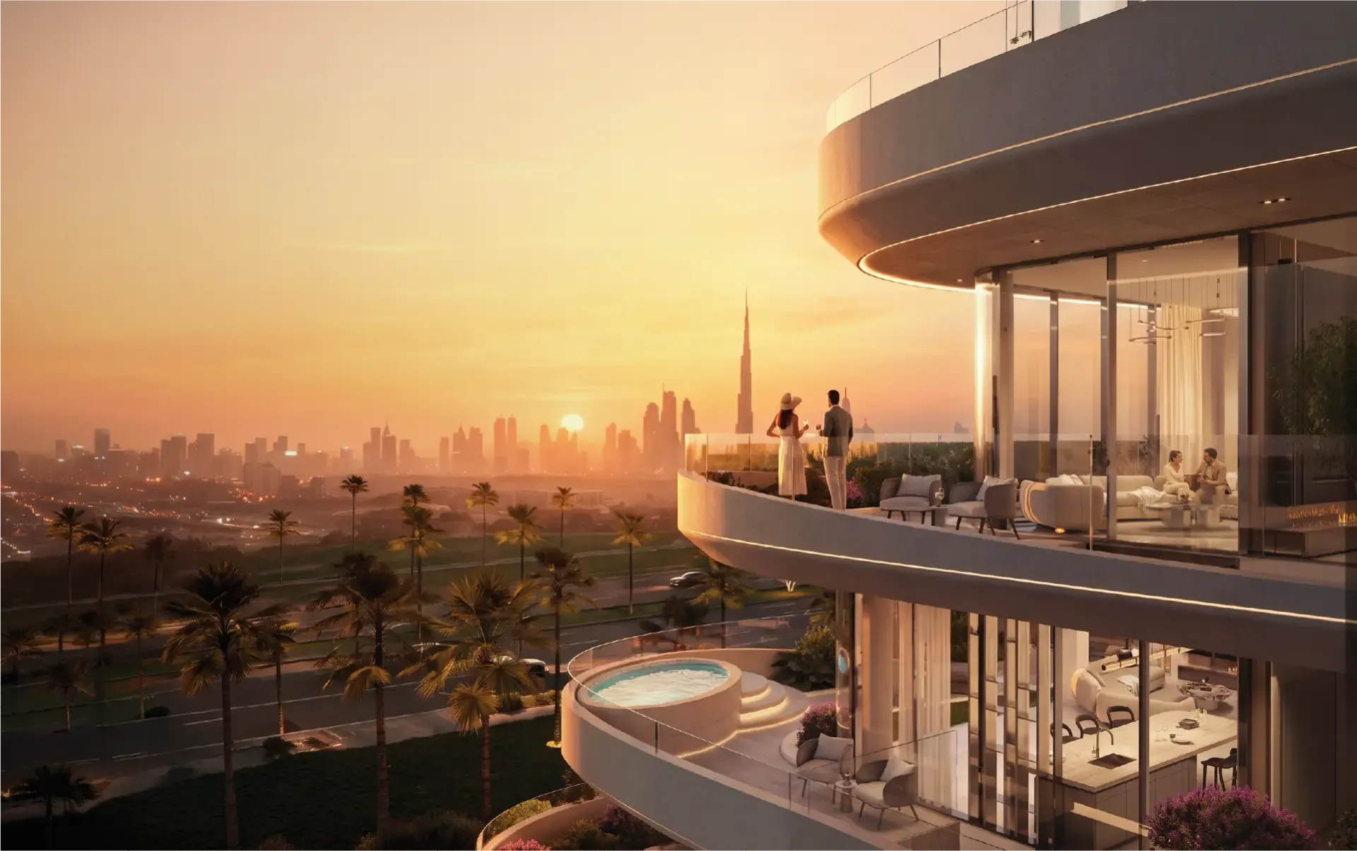 Rabdan Avenue terrace at sunset with Dubai skyline